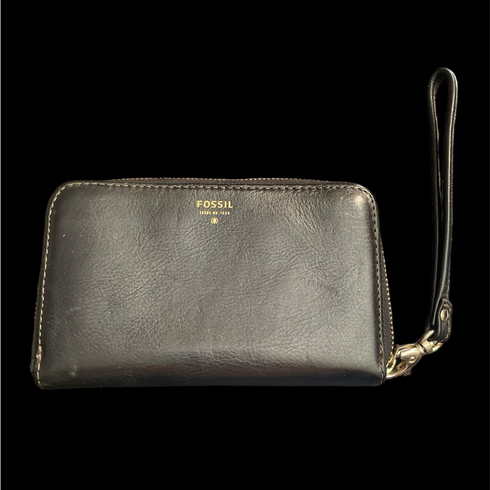 Fossil black leather wallet with card slots and coin slot